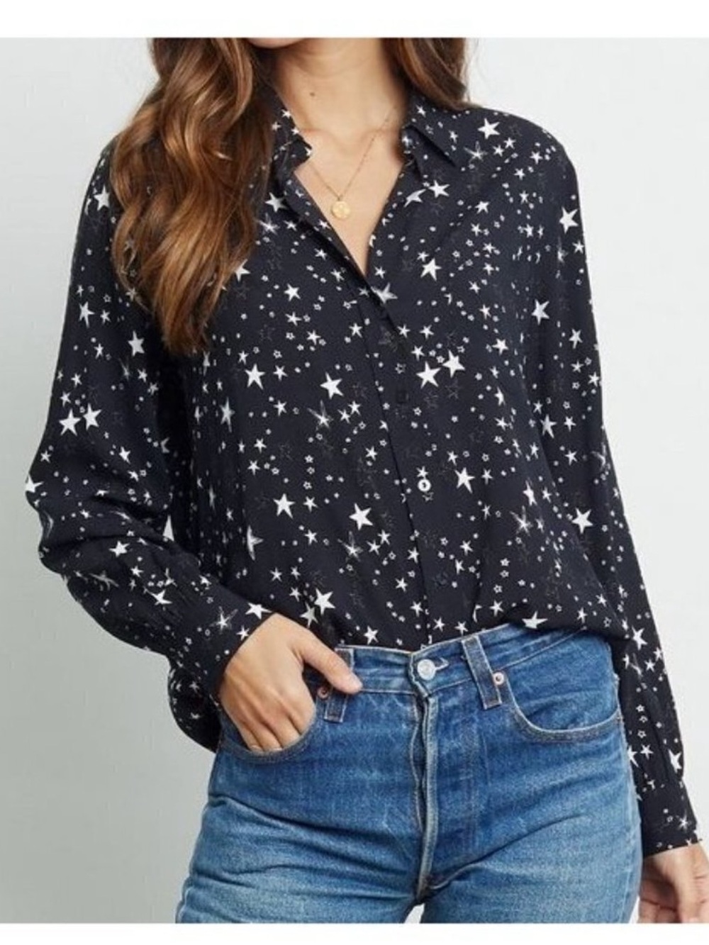 RAILS Noemi Shirt in Black Galaxy Womens Small Black White Celestial Star Print